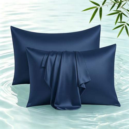 2 Pack Viscose Derived from Bamboo Pillow Protectors Queen, 400 TC Cooling Breathable Pillowcase for Hot Sleepers & Night Sweats, Silky Soft Pillow Covers with Zipper Closure, Navy Blue, 20x30