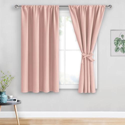 JIUZHEN Blackout Curtains for Bedroom - Thermal Insulated,Noise Reducing Room Darkening Privacy Rod Pocket Drapes for Girls Nursery Room, Set of 2 Panels with Tiebacks, 42 x 54 inch Long, Blush Pink