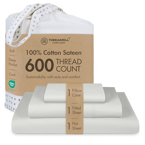 Threadmill Home Linen Twin Sheets - 100% Natural Cotton 600 Thread Count, 3 Piece Sateen Weave Light Grey Bedding Set, Breathable ELS Combed Cotton, Solid Bedsheets with Elasticized Deep Pocket