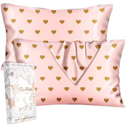 "Miss Adola Silk Pillowcase 2 Pack - Pillow Cases 20"" x 26"" Standard Size Set of 2 for Hair and Skin Smooth Soft Breathable with Hidden Zipper Cute Cooling Pillow Covers for Sleeping, Heart"