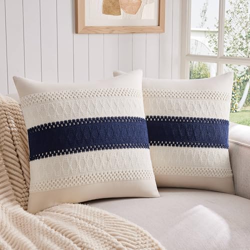 ZeeMart 2 Pack Boho Throw Pillow Covers, Contrast Navy Blue 20x20in - Soft Breathable Cotton, Farmhouse Decorative Couch Pillow Cases, Cushion Covers for Sofa Bed Living Room Home Decor