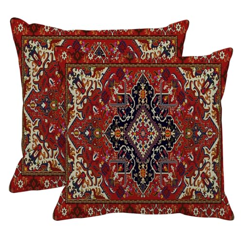 Britimes Throw Pillow Covers, Aztec Home Art Decor, 18 x 18 Inches Set of 2 Cushion Couch Sofa Cases, Bohemian Paisley Floral Painting Pillowcases for Bedroom, Living Room, Red Tribal Decorative