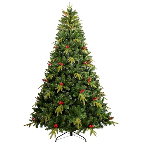 Uten Artificial 6ft Christmas Tree, with Realistic PE Leaves Indoor Home Xmas Tree Decoration, 950 Natural Looking PE & PVC Tips, 31 Groups Red Berries, Hinged Branches, Metal Stand, Reusable