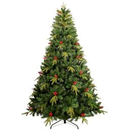 Uten Artificial 6ft Christmas Tree, with Realistic PE Leaves Indoor Home Xmas Tree Decoration, 950 Natural Looking PE & PVC Tips, 31 Groups Red Berries, Hinged Branches, Metal Stand, Reusable