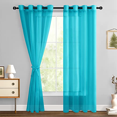 Hiasan Sheer Curtains 84 Inches Long with Tiebacks, Light Filtering Airy Breathable Grommet Voile Window Curtains for Living Room, Bedroom, Kids' Room, Turquoise, W52 x L84, Set of 2 Drape Panels