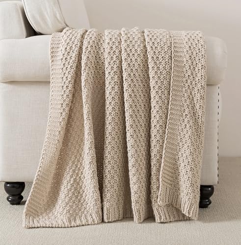 WDCOZY Cable Knit Throw Blanket Super Soft Warm Knitted Throw Blanket for Couch, Sofa, Chair, Bed Lightweight Breathable Extra Cozy Machine Washable Comfortable Home Decor Beige 60x80 inches