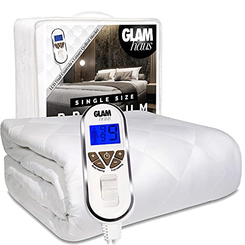 GlamHaus Single Size Electric Blanket Fitted Mattress Bed Cover Underblanket, White Premium Diamond Quilted, Heat Settings for Feet and Body, Timer & Machine Washable (Single)