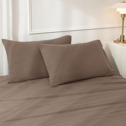JIYUAN 100% Washed Cotton Pillowcases Set Envelope Closure Pack of 2 Comfy Simple Style Soft Breathable Textured Durable Linen Feel Bedding for All Seasons Standard Size, Brown