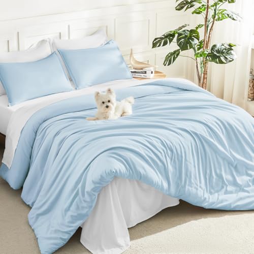 Litanika Light Blue Comforter Full Size, 3 Pieces Lightweight Solid Bed Set - Soft Fluffy Down Alternative All Season Quilt Blanket