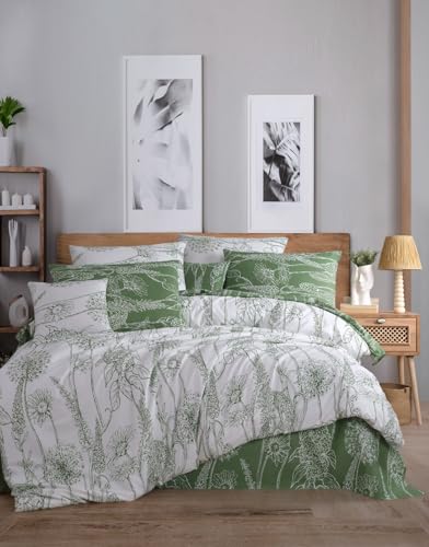 Nuit Des Rêves Premium Ranforce Double Quilt Cover Set (200 x 200 cm), 100% Cotton, White & Green, Includes 2 Pillowcases (80 x 80 cm), Machine Washable at 40°C, Cosy and Stylish Bedding