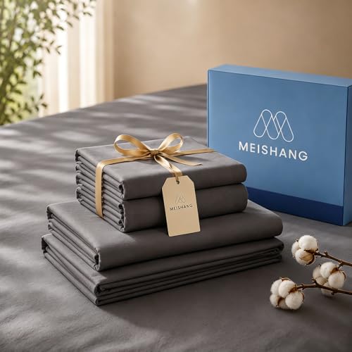 "MEISHANG 1000 Thread Count Cotton Sheets Queen Size - 100% Egyptian Cotton, Sateen Weave, Ultra Soft & Breathable Sateen, 16"" Deep Pockets - 4 Piece (Queen, Dark Grey)"