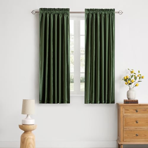 PRIMROSE Olive Green Curtains 63 inch for Living Room Velvet Blackout Rod Pocket Window Drapes Treatment Semi Room Darkening Decorative Curtains for Bedroom Set of 2 Panels