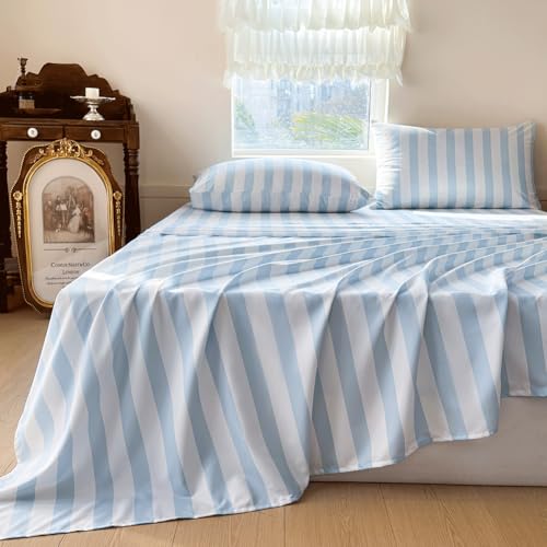 NSNLGSGC Light Blue Striped Full Sheet Set - Soft Brushed Microfiber, Light Blue Striped, 4-Pieces, Deep Pocket