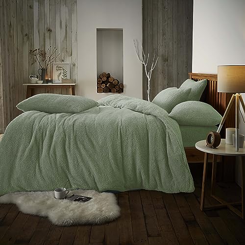GC GAVENO CAVAILIA Fleece Duvet Cover Set Single - Fluffy Bedding Set with Pillowcases - Sage Green