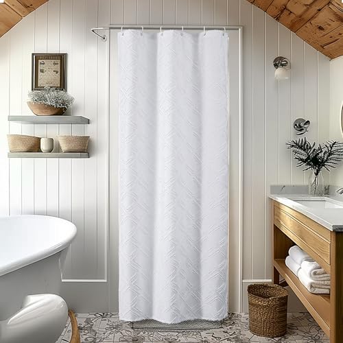 OWENIE White Shower Curtain Set for Bathroom, 36 ??? Width Stall Small Boho Shower Curtain with 12 Hooks, Soft Lightweight Jacquard Design Fabric Shower Curtain, Machine Washable, White, 36 W x 72 L