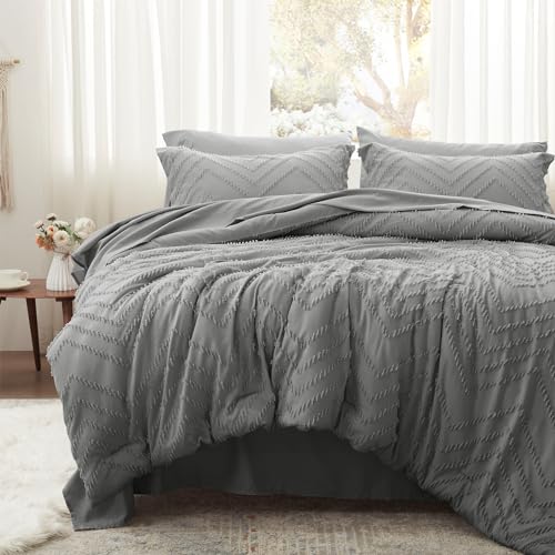 Anluoer Full Comforter Set, Grey Tufted Bed in a Bag 7 Pieces with comforters and Sheets, All Season Bedding Sets with 1 Comforter, 2 PillowShams, 2 Pillowcases, 1 Flat Sheet, 1 Fitted Sheet
