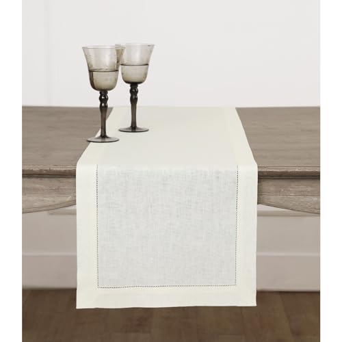 Solino Home 100% Linen Table Runner Ivory, Classic Hemstitch 14 x 132 in - for dining, decor, party, indoor outdoor, gift, easy to care, OEKO-TEX Certified - Fall, Halloween, Thanksgiving, Christmas