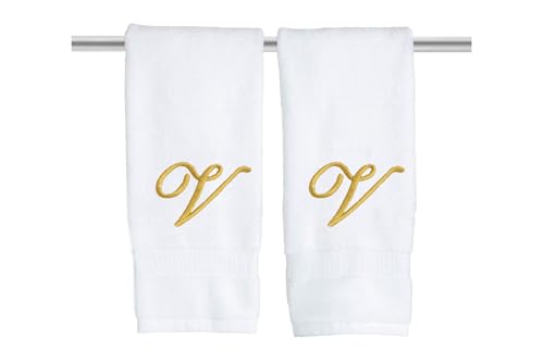 Decorvo White Monogrammed Hand Towels for Bathroom - Luxury Hotel Quality Personalized Initial Embroidered Towel for Powder Room, Spa - GOTS Organic Certified - Pack of 2 Gold, Letter V