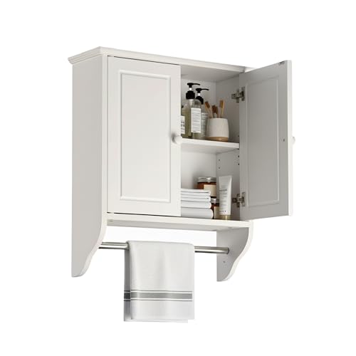 Relaxdays Bathroom Wall Cabinet, 2 Shelves & Towel Rail, White/Silver, 55x48x16 cm, Country Style