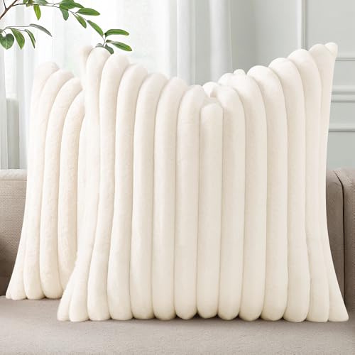 Pallene Faux Fur Plush Fall Throw Pillow Covers 24x24 Set of 2, Luxury Soft Fluffy Striped Decorative Pillow Covers for Sofa, Couch, Living Room, Cream White