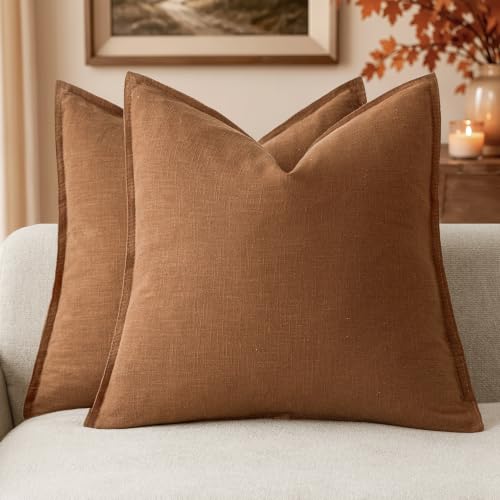 Foindtower Pack of 2, Decorative Linen Soild Throw Pillow Covers Soft Accent Cushion Case Boho Farmhouse Pillowcase for Chair Couch Sofa Bedroom Living Room Home Decor 16 x 16 Inch Orange Brown