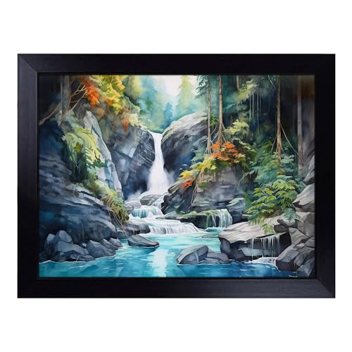 Lap Tray with Bean Bag Cushion, Waterfall Watercolour - Handmade in the UK, Raised Wooden Edge, Padded Cushion, Heat-Resistant Wipe-Clean Surface, for Meals, Laptops and Crafts