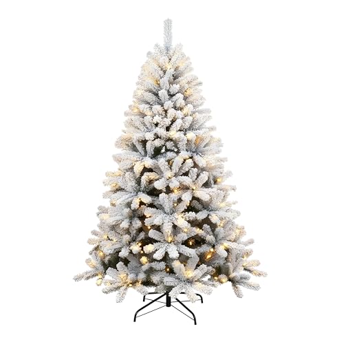 4Ft/1.2m Pre-Lit Yukon Snow Pine Artificial Green Christmas Tree Snow Flocked 230 Tips Branches Snowy Bushy Xmas Home Decorations, with 110 Warm White LEDs, Metal Stand