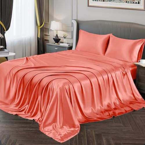 Vonty Satin Bed Sheet Set Queen Size Coral Soft Silky Bedding Set with 1 Deep Pocket Fitted Sheet + 1 Flat Sheet + 2 Pillow Cases, Coral