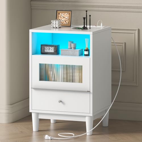 Feonase White Bedside Table with Charging Station, End Table with Glass Drawers, Nightstand with LED Lights, Wood Side Tables for Bedroom, Living Room, 40×35×60CM