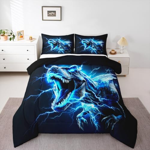 Feelyou Dinosaur Bedding Set Twin Size Kids 3D Dino Print Comforter Set for Boys Girls Teens Jungle Dino Duvet Quilt Breathable Soft Microfiber Lightning Blue Room Decor Wild Animal