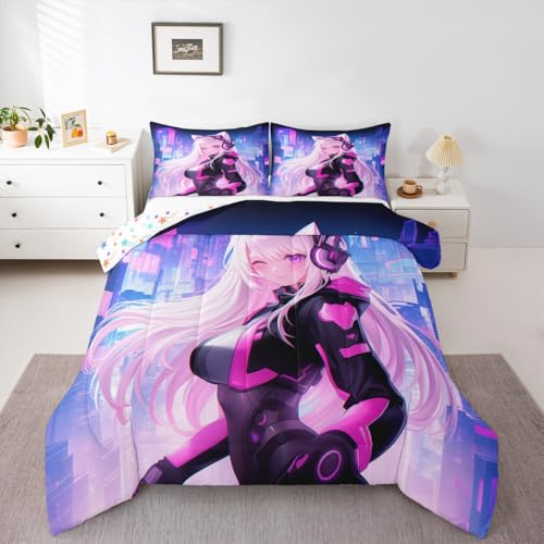 Erosebridal Full Anime Girl Comforter Set 3 Piece, Kawaii Japanese Anime Bedding Set Cartoon Manga Girl Bedding Comforter Sets Sci Fi Style Japanese Animation Quilt for Kids Girls Teens Adult Room