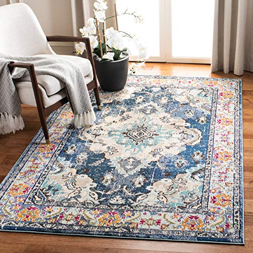 Safavieh Boho Chic Indoor Woven Rectangle Area Rug, Monaco Collection, MNC243, in Navy / Light Blue, 155 X 231 cm for Living Room, Bedroom or Any Indoor Space
