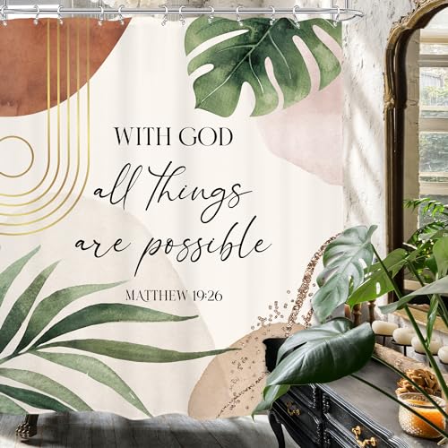 Glawry Boho Bible Verse Shower Curtain Inspirational Bathroom Curtain Set - Scriptures Quotes Abstract Tropical Palm Leaf Mid Century Christian 72Wx72L Bathroom Decor Waterproof Fabric with Free Hooks