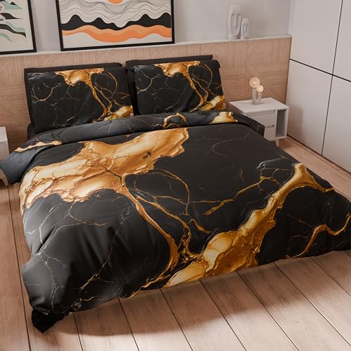 PETTI Artigiani Italiani - Maxi Single Duvet Cover Set 220 x 155 cm (1 Pillowcase 80 x 80 cm Included), Microfibre Duvet Cover Set with Digital Print Black and Gold Marble Effect - Made in Italy
