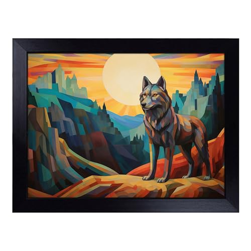 Lap Tray with Bean Bag Cushion, Wolf Art Deco - Handmade in the UK, Raised Wooden Edge, Padded Cushion, Heat-Resistant Wipe-Clean Surface, for Meals, Laptops and Crafts