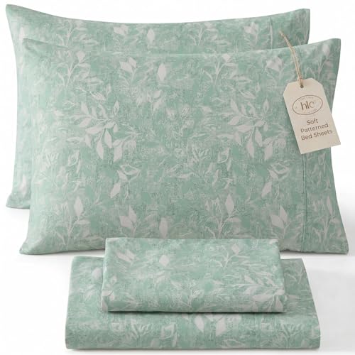 HLC.ME Leaves Printed Floral Bed Sheets - 4 Piece Patterned Bed Sheet Set - Wrinkle Resistant & Ultra Soft - Fits Mattresses up to 15 Inches Deep (Full, Green)