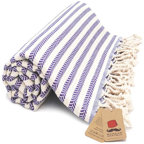 Bazaar Anatolia Turkish Beach Towel, 100% Cotton, 71x39 in, Arpa Purple - Lightweight, quick dry purple striped for beach, pool, travel, camping and yoga