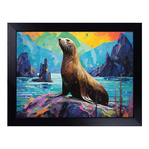Lap Tray with Bean Bag Cushion, Sea Lion Palette Knife - Handmade in the UK, Raised Wooden Edge, Padded Cushion, Heat-Resistant Wipe-Clean Surface, for Meals, Laptops and Crafts