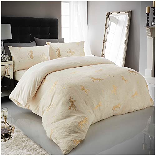 GC GAVENO CAVAILIA Teddy Fleece Duvet Cover, Fluffy Fitted Sheet, Warm Cozy Ultra Soft Bed Set, Polyester, Unicorn-Cream, Double