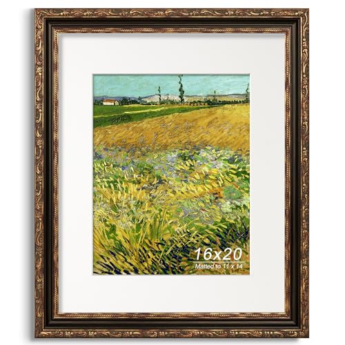 GiftMust 16x20 Picture Frame, Ornate Embossing Frame with Paper Mat and Plexiglass, Fit for 16x20 without Mat or 11x14 with Mat, Wall Mounting Display for Art Prints, Bronze and Antique Gold, 1 Pack