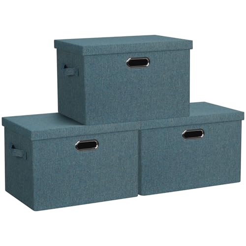 Storage Bins with Lids Fabric Closet Organizers Cubes Office Organization - 36 Quart 3 Pack Blue-Green Collapsible Stackable Linen Fabric 4 Handles Bedroom Closet Cabinet Under Bed Clothes Toy Office