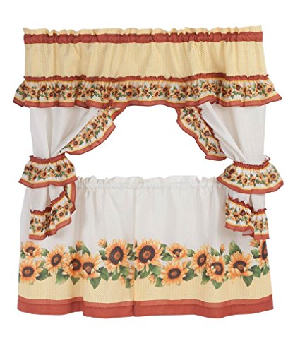 Printed Cottage Window Curtain Set - 57 Inch Width, 24 Inch Length - Black Eyed Susan - Polyester Soft Window Treatment Include Valance, Attached Swaggers, Tiebacks & Two Tiers by Achim Home Decor
