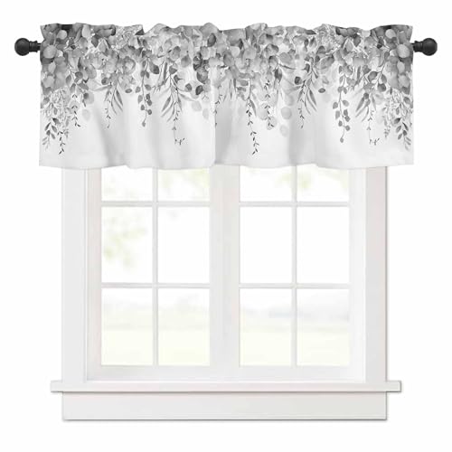 Curtain Valance for Windows Gray Eucalyptus Rod Pocket Valance Window Treatments 1 Panel Watercolor Leaves Short Curtains for Kitchen Windows Bathroom Bedroom 42x18in