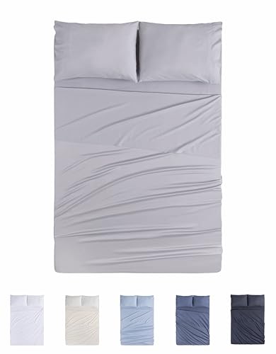 Todocama 4 Piece 4002 Fitted Sheet Set - Top Sheet - Two Pillowcases 50 x 80 cm (Bed 105 x 190/200 cm, Light Grey)