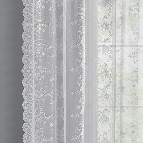 Kotile Extra Long White Lace Curtains 120 Inches Long, 2 Panels Country Vine Floral Sheer Lace Curtains for High Ceiling to Floor Window, Rod Pocket Privacy Sheer Window Drapes, 52 x 120 Inch, White