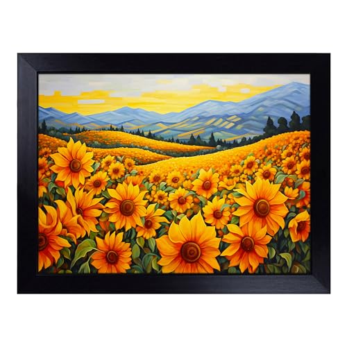 Lap Tray with Bean Bag Cushion, Sunflower Colour Field - Handmade in the UK, Raised Wooden Edge, Padded Cushion, Heat-Resistant Wipe-Clean Surface, for Meals, Laptops and Crafts