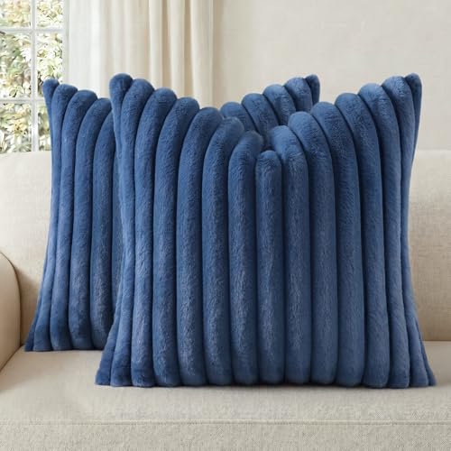 Pallene Faux Fur Plush Throw Pillow Covers 22x22 Set of 2, Luxury Soft Fluffy Striped Decorative Pillow Covers for Sofa, Couch, Living Room, Navy Blue