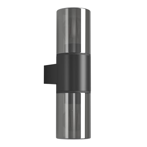 Eglo Outdoor wall Light Cropani, Porch lamp with Smoke Glass Cylinder, uplight and Downlight, Black Plastic and Glass, E27 Socket, IP54 Rating