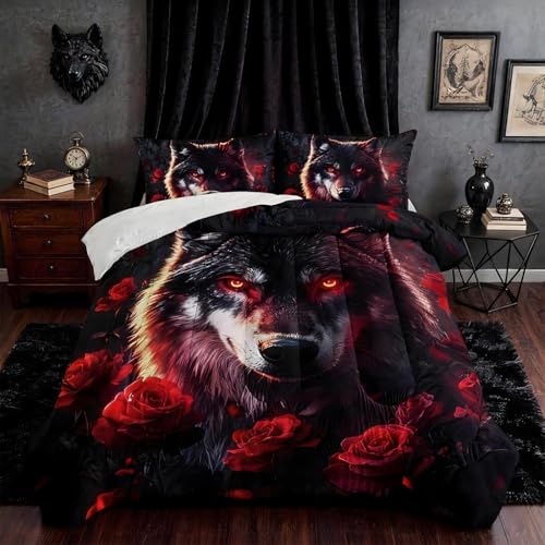 HOSIMA Wolf Twin Comforter Set,Wolf in Middle Surrounded by Red Roses Print Animal Bedding Set,Fluffy Black Lightweight Bedding for Teens Boys Room Decor with 2 Pillowcases.