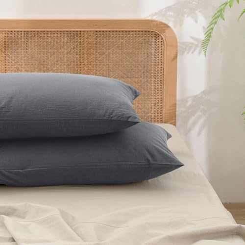 BESTOUCH Washed Cotton Pillowcases Linen Feel Quiet Shade Grey Euro - 100% Washed Cotton, Linen Feel, Soft Wrinkle Texture, Envelope Closure, Breathable Lightweight Durable Comfy, 2 Pcs No Insert